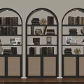 Elegant Arched Black Bookshelves Interior With Woven Doors And Decor Items
