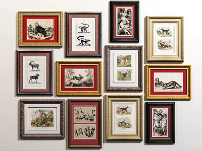 Framed Animal Oil Paintings on Wall With Various Frames and Styles 3d model