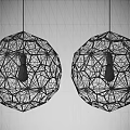 Modern Spherical Chandeliers With Black Metal Frame And Illuminated Bulbs On Gray Background