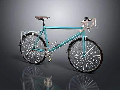 Teal Bicycle with Brown Seat White Handlebars Classic Rear Rack on Gray Background with Reflection 3d model