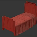 Traditional Wooden Single Bed with Carved Headboard and Footboard and Green Bed Skirt