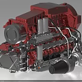 Red Industrial Engine with Multiple Cylinders Turbocharger Metal Components Detailed Mechanical Structure