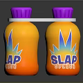 SLAP SPLASH Orange Drink Bottles With Purple Caps And Sun Logo Design