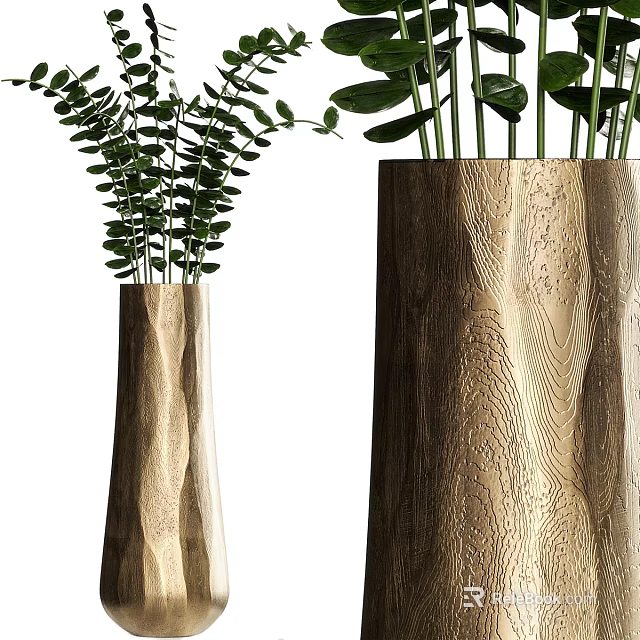 Two Wooden Textured Vases With Green Plants For Home Decorative 3d model 