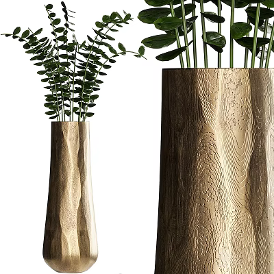 Two Wooden Textured Vases With Green Plants For Home Decorative 3d model