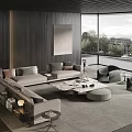 Modern Living Room With Dark Wooden Walls Windows Gray L Shaped Sofa Marble Coffee Table