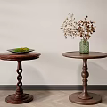 Wooden Round Side Tables with Green Plant in Dish and Green Vase with Dried Flowers