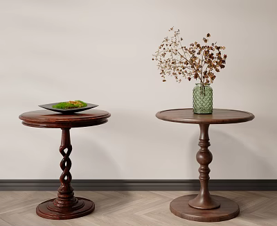 Wooden Round Side Tables with Green Plant in Dish and Green Vase with Dried Flowers 3d model