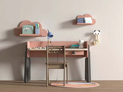 Pink Kids Desk With Cloud Shaped Shelves Blue Lamp And Wooden Chair 3d model