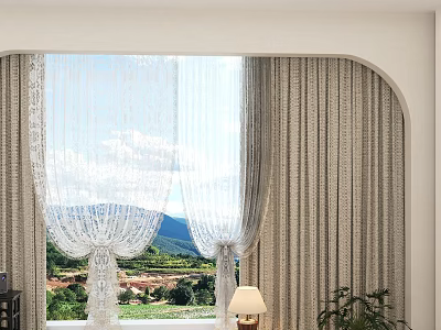 Sheer and Thick Curtains for Arched Window with Mountain View and Green Landscape Interior 3d model