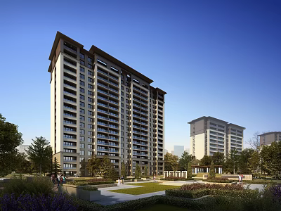 Modern High Rise Residential Building With Green Landscape And Clear Blue Sky 3d model