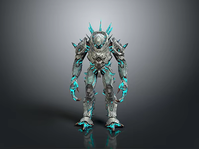 Cybernetic Creature Character With Spiked Metallic Armor Blue Glowing Parts And Mechanical Limbs 3d model