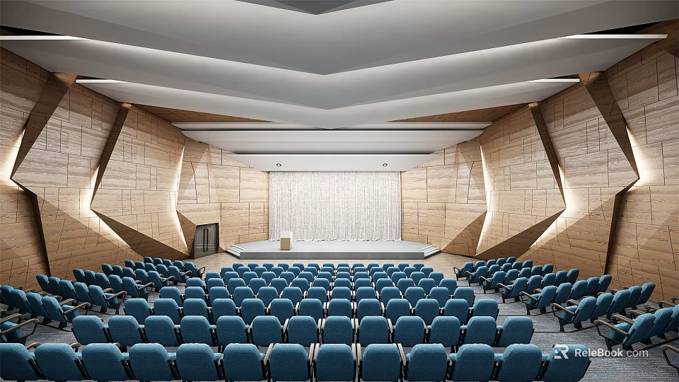 Modern Conference Room With Blue Seats Geometric Wall Design And Front Stage 3d model 