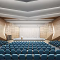 Modern Conference Room With Blue Seats Geometric Wall Design And Front Stage