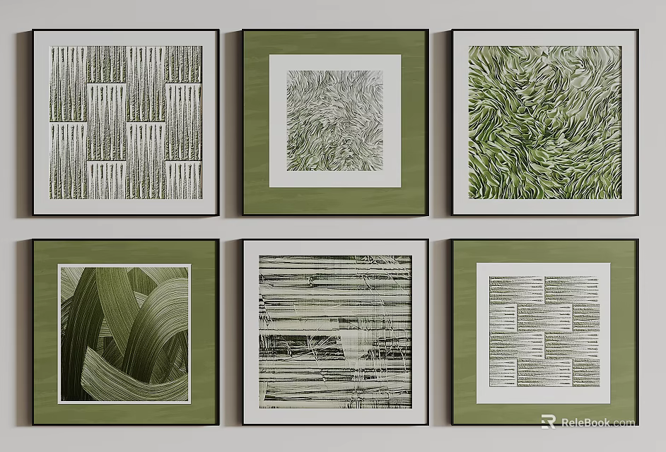 Modern Abstract Paintings Green Framed Six Piece Set With Geometric Patterns Textured Lines 3d model