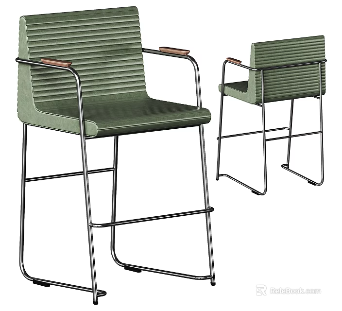 Modern Green Bar Stools With Metal Frame Wooden Armrests Ribbed Seat And Backrest 3d model 