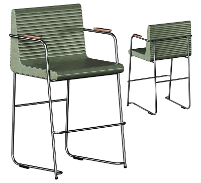Modern Green Bar Stools With Metal Frame Wooden Armrests Ribbed Seat And Backrest 3d model