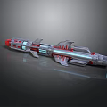 Red Silver Interstellar Spaceship with Blue Luminous Stripes and Futuristic Design Elements