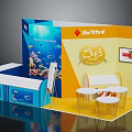 Exhibition Booth Display With Blue Yellow Design Company Logo Tables And Chairs