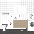 Modern Bathroom Sink with Wooden Cabinet Mirror Washing Machine Toilet White Tiles and Slippers