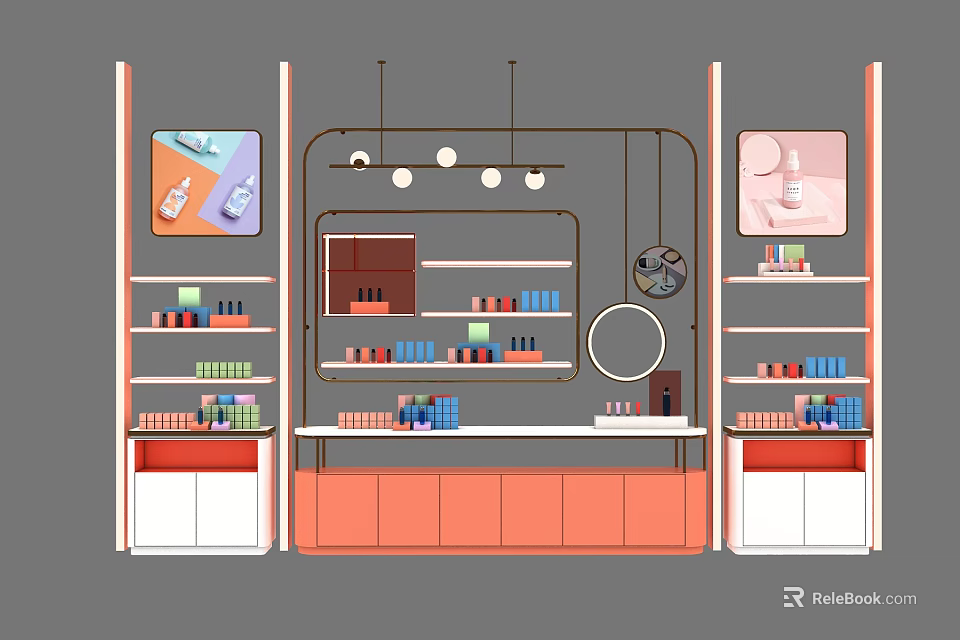 Modern Cosmetics Display Shelves With Multi Tiered Racks Hanging Lights And Product Arrangement 3d model 