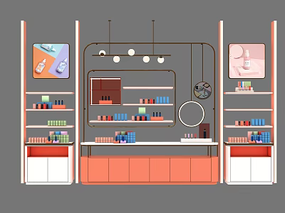 Modern Cosmetics Display Shelves With Multi Tiered Racks Hanging Lights And Product Arrangement 3d model