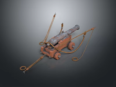 Old Cannon Historical Military Weapon With Wooden Wheels Metal Barrel And Ropes 3d model