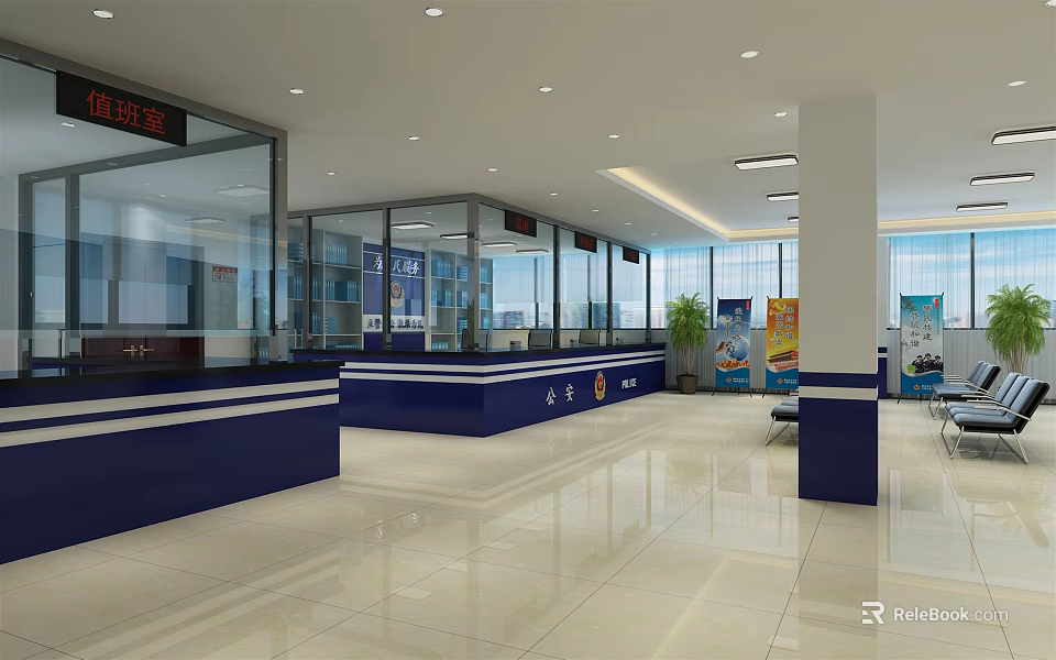 Spacious Bright Government Service Hall With Modern Counters Glass Partitions And Marble Floor 3d model 