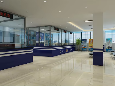 Spacious Bright Government Service Hall With Modern Counters Glass Partitions And Marble Floor 3d model