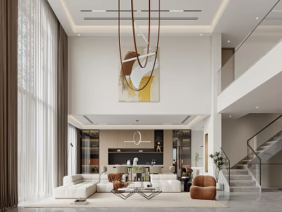 Modern Duplex Living Room Interior With High Ceiling Art And Staircase 3d model