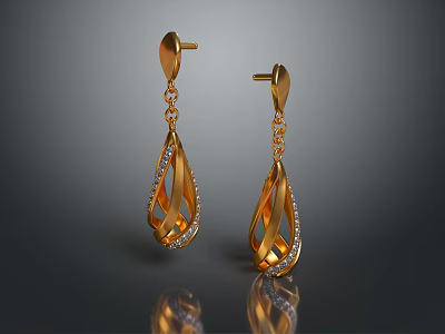 Gold Teardrop Earrings With Diamond Accents And Elegant Gold Chain Design 3d model