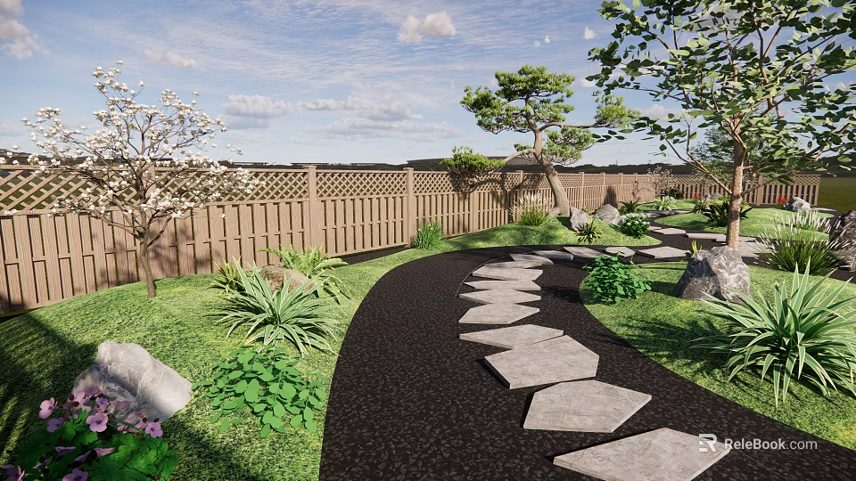 Serene Garden Landscape With Stone Path Green Plants Trees And Wooden Fence 3d model 