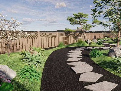 Serene Garden Landscape With Stone Path Green Plants Trees And Wooden Fence 3d model