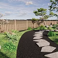 Serene Garden Landscape With Stone Path Green Plants Trees And Wooden Fence