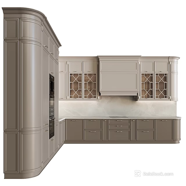 Elegant Modern Kitchen Interior With Light Gray Upper And Lower Cabinets Geometric Lattice Glass Doors 3d model 