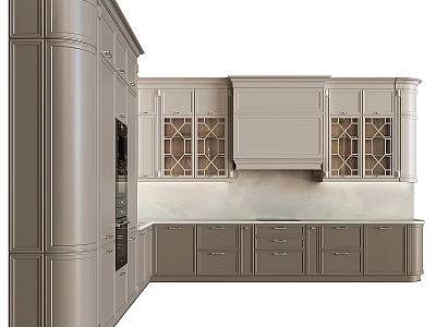 Elegant Modern Kitchen Interior With Light Gray Upper And Lower Cabinets Geometric Lattice Glass Doors 3d model