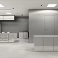 Large Commercial Kitchen With Stainless Steel Workstation Shelves Ovens Storage Cabinets And White Ceiling Lighting