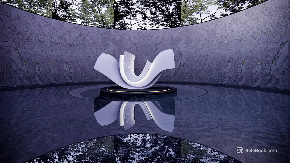 White Abstract Curved Sculpture on Black Base with Water Reflection Surrounded by Trees 3d model