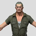 Muscular Man With Short Hair In Green Short Sleeve Shirt Suspenders Gray Pants Arms Outstretched