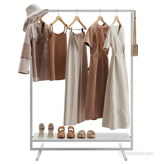 Minimalist Clothes Rack Displaying Hanging Neutral Toned Dresses Tops Pants And Shoes 3d model 