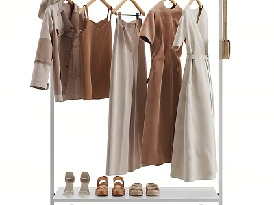 Minimalist Clothes Rack Displaying Hanging Neutral Toned Dresses Tops Pants And Shoes 3d model