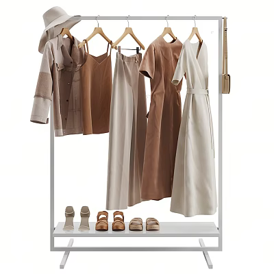 Minimalist Clothes Rack Displaying Hanging Neutral Toned Dresses Tops Pants And Shoes 3d model