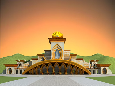 Ancient Architecture With Golden Decorative Roof Arched Doorways And Scenic Mountain Backdrop 3d model
