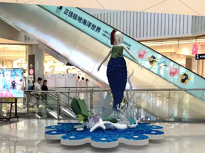 Woman Sculpture In Shopping Mall With Ocean Theme Octopus Decoration Blue Base 3d model