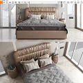 Modern Double Bed With Leather Tufted Headboard Decorative Pillows And Natural Light 3d model