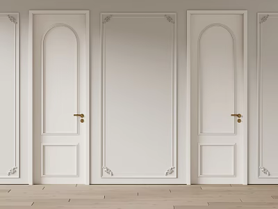 Elegant White Hinged Doors With Golden Handles And Decorative Trim In Modern Interior Design 3d model