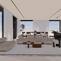 Modern Living Room Interior with Cream Sofa Wooden Coffee Table and Large Windows View