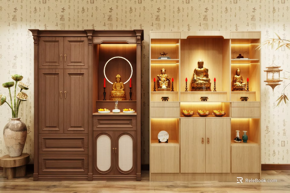 Buddhist Shrine Cabinets in Dark Brown and Light Wood with Multiple Shelves and Buddha Statues 3d model 