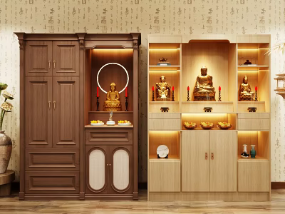 Buddhist Shrine Cabinets in Dark Brown and Light Wood with Multiple Shelves and Buddha Statues 3d model