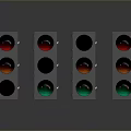 Black Traffic Lights With Red Yellow Green Signals Arranged In Dark Background